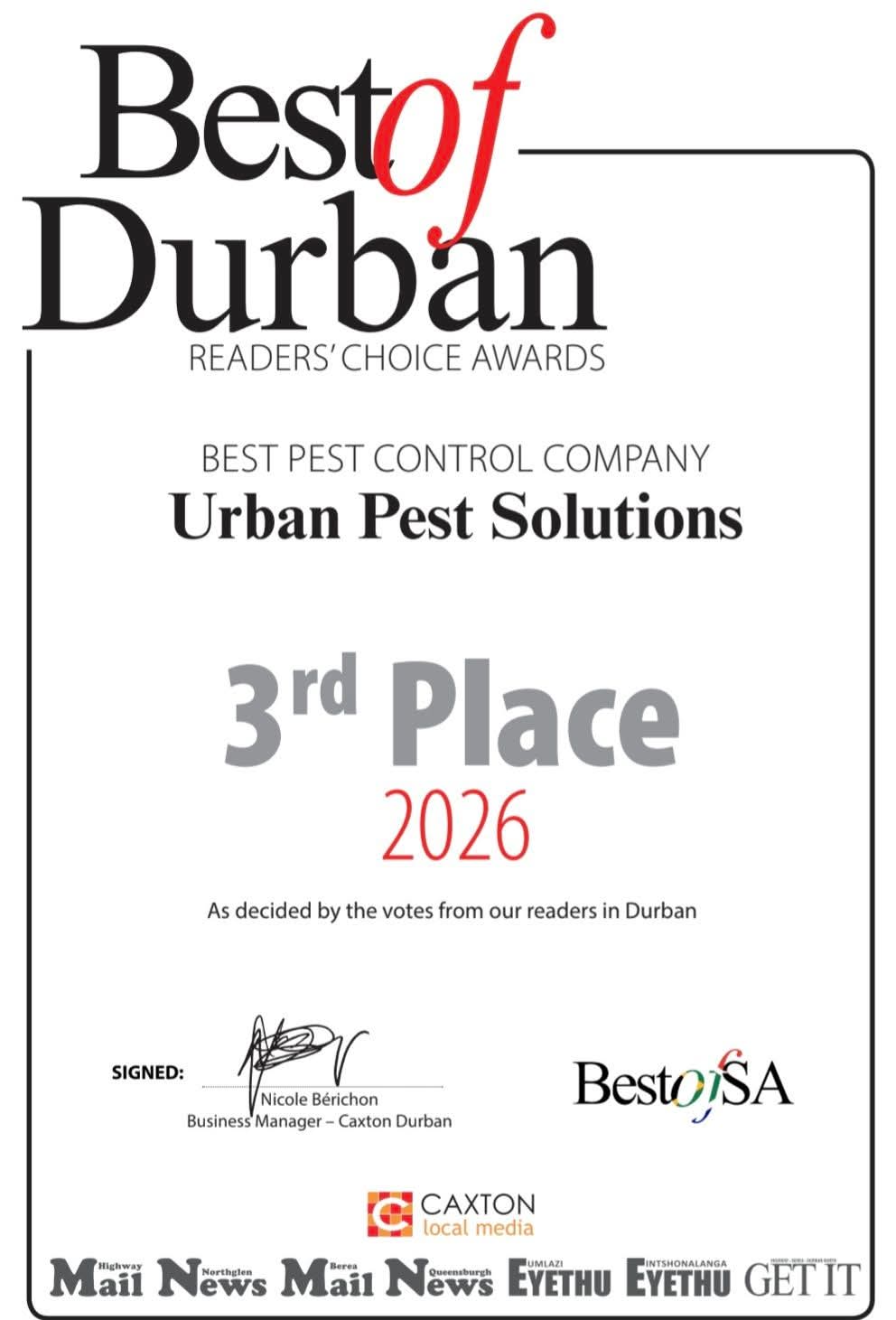 Pest Control Federation of South Africa Membership Certificate