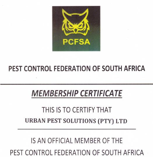 PCFSA membership certificate for Urban Pest Solutions (Pty) Ltd